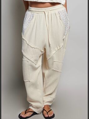 POL Women's Harem Patchwork Drawstring Pants. Double gauze with lace patches